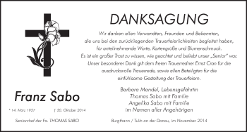 Traueranzeige von Franz Sabo von Pegnitz-Zeitung